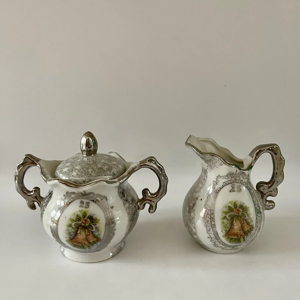 Vintage Enesco Japan 25th Wedding Anniversary Sugar Bowl & Creamer Set, 1950’s